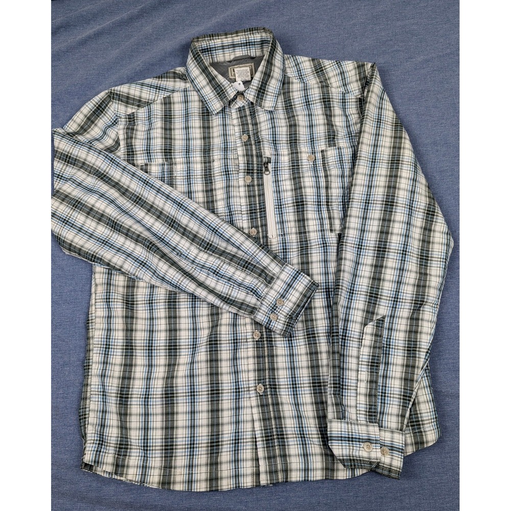 LL Bean Mens Plaid Long Rolled Sleeve Button Down Shirt Blue‎ Grey Tropic Wear S